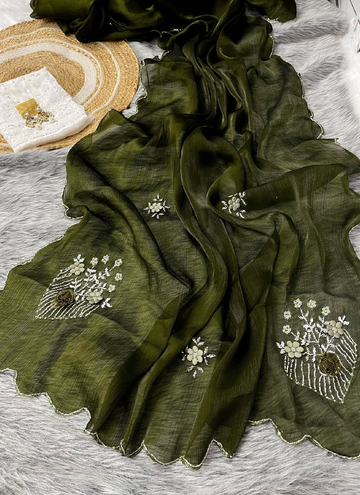 Elegant Olive green Jimmy choo party wear handwork and cutdana saree